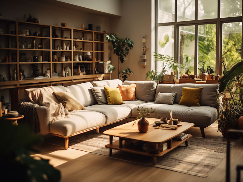 Modern living room interior design with sofa, coffee table and plants.