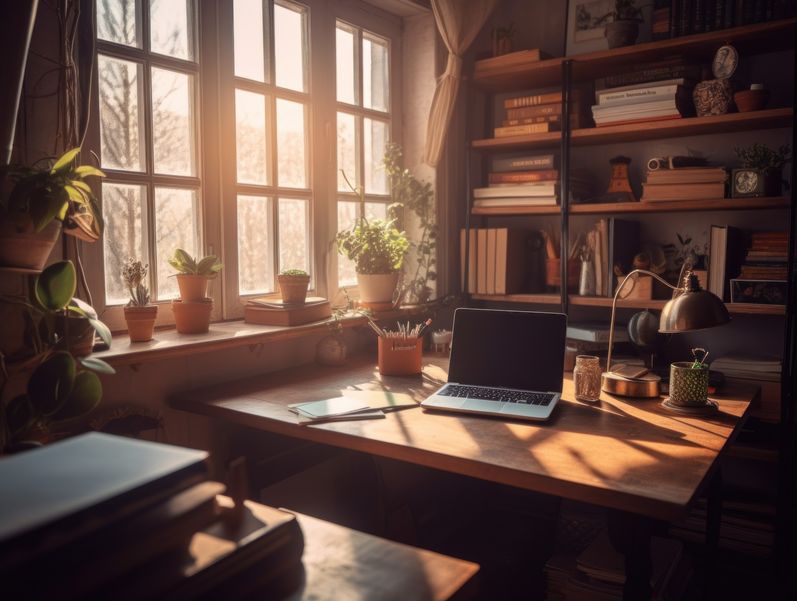 A laptop computer sitting on top of a wooden desk in home study room.